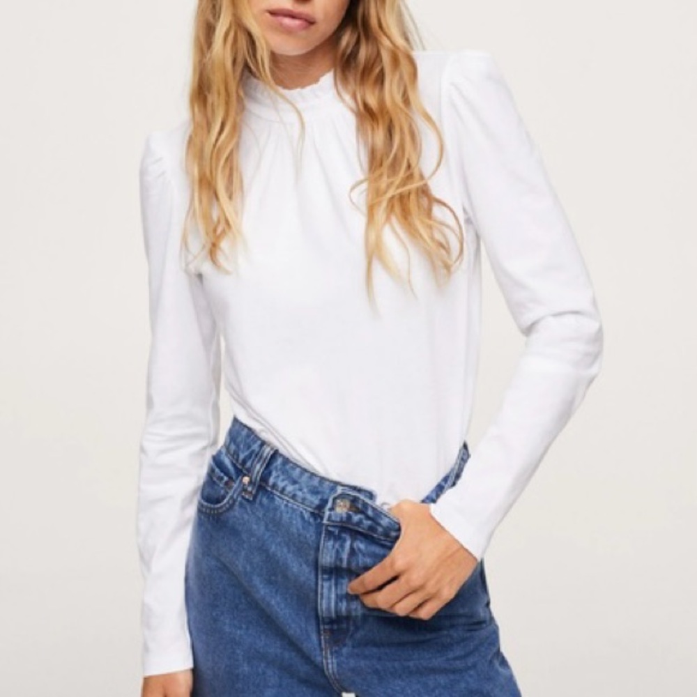 NWT Mango Ruffle Mock Neck Puff Sleeve Long Sleeve Top White Size Medium M